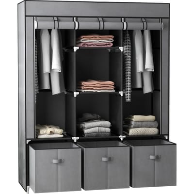 HOMCOM Opbergkast van stof, opvouwbaar met 5 planken, 2 hangroedes en 3 stoffen laden – 125B x 43D x 162,5H cm, grijs