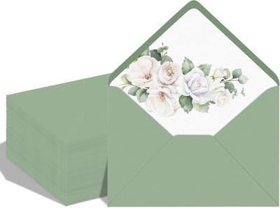 50 Stuks Saliegroene Enveloppen met Aquarel Roos voor Uitnodigingen en Kaarten