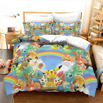 Pokemon Beddengoed Set Cartoon Anime Kinder Slaapkamer Dekbedovertrek Jongen Meisje Beddengoed Enkel Dubbel King Pikachu Dekbedovertrek Cadeau US Full(200*230cm)3pcs