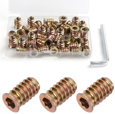 M6 x 15 Schroef-in Moeren - 40 Stuks Draadinsluitingen voor Hout en Metaal, Hexagon Moeren met Zinkcoating voor Duurzame Bevestiging