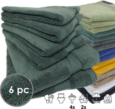 iSleep Terry Badtextiel - Voordeelset (6 delig) - 4x Handdoek 60x110 cm - 2x Badlaken 70x140 cm - Donker Groen