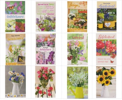 12 Luxe Verschillende Wenskaarten 8x Bloemen Hartelijk Gefeliciteerd 4x Blanco kaarten - Gratis verzonden - 2026-15