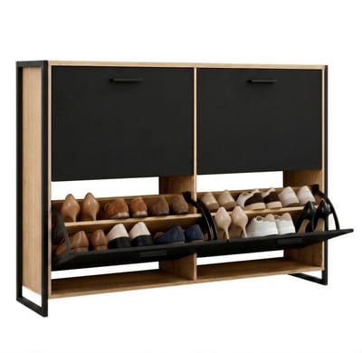 CASABEL Schoenenkast met 4 neerklapbare deuren - Design schoenenkast - Opbergmeubel voor de hal met ruimte voor 24 paar schoenen - Zwart frame - Houten neerklapbare deuren