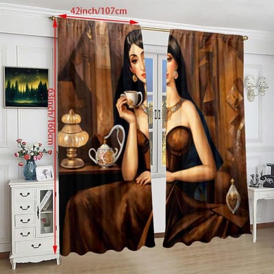 2 pièces - Rideau imprimé beauté rétro - Matière polyester - convient pour chambre à coucher, salon, bureau, espace privé 30Wx65L(76x165CM)x2 brown
