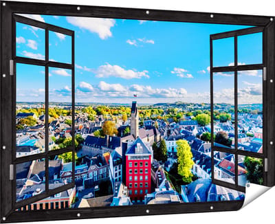 Gards Tuinposter Doorkijk Maastricht Stad met Huizen - 180x120 cm - Tuindoek - Tuindecoratie - Wanddecoratie buiten - Tuinschilderij