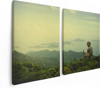 Artaza Canvas Schilderij Tweeluik Boeddha Standbeeld In Het Bos - 120x80 - Foto Op Canvas - Canvas Print
