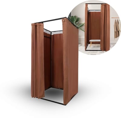 Vrijstaande Paskamer met Gordijn – 100x100x200cm – Draagbare Kleedruimte voor Winkel, Beurs & Studio – Bruin Pashokje – Privacy Scherm – Draagbaar Pashok – Kleedcabines