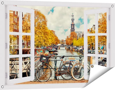 Gards Tuinposter Doorkijk Amsterdamse Brug bij een Brug met Fietsen - 90x60 cm - Tuindoek - Tuindecoratie - Wanddecoratie buiten - Tuinschilderij