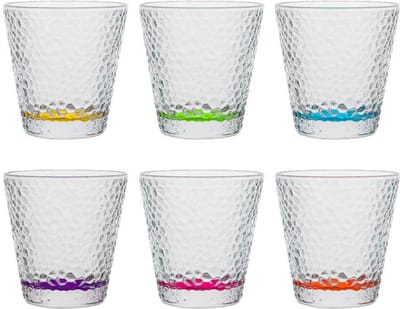 Vivalto Waterglazen/drinkglazen Colorama - 6x stuks - transparant/kleurenmix bodem - 310 ml - 9 x 9 cm