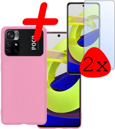 Hoesje Met 2x Screenprotector - Geschikt voor Xiaomi Poco M4 Pro 5G - Sterk & Shockproof - Back Cover - Siliconen Case - Telefoon Hoes - Lichtroze