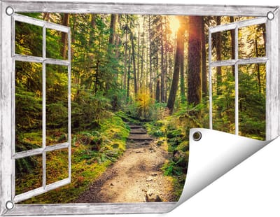 Gards Tuinposter Doorkijk Voetpad in het Bos - 60x40 cm - Tuindoek - Tuindecoratie - Wanddecoratie buiten - Tuinschilderij
