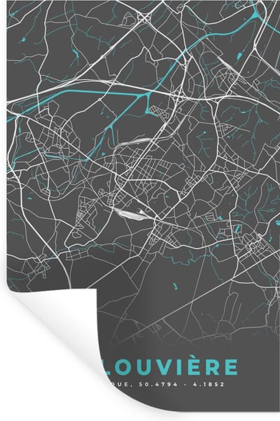 Muurstickers - Sticker Folie - Plattegrond – La Louvière – Blauw – Stadskaart - Kaart - 20x30 cm - Plakfolie - Muurstickers Kinderkamer - Zelfklevend Behang - Zelfklevend behangpapier - Stickerfolie