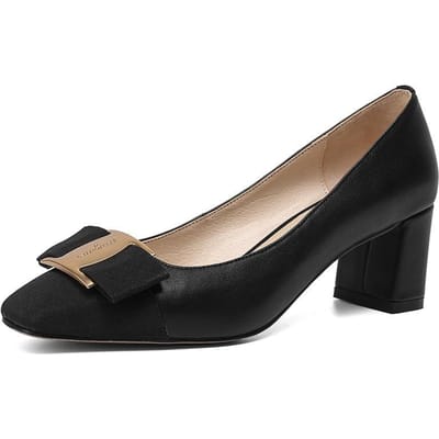 Katya Xiaoxiangfeng Bout Carré Boucle Métallique Assortiment de Couleurs Chaussures Simples Nœud Tempérament Talons Hauts Talon Épais Professionnel 39 noir