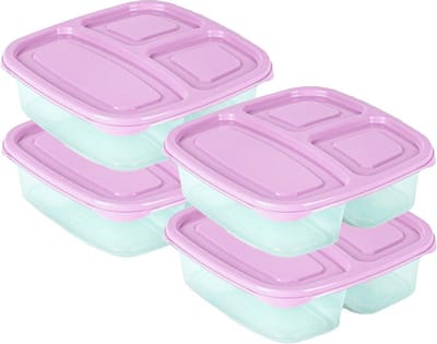 Plasticforte Vershoudbakje - 4x - 3-vaks - 1,2L - meal prep - herbruikbaar - roze - vaatwasser bestendig - magnetron bakjes