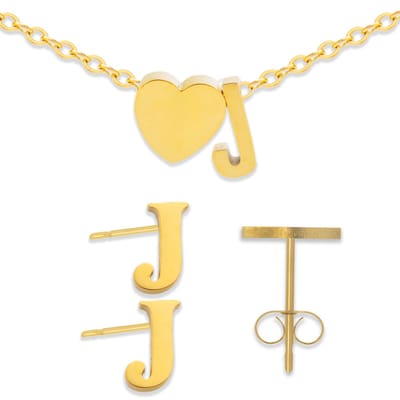 Initiaal Armband & Oorbellen set met Letter J Goudkleurig - Stainless Steel - Met letter & Hartje! - 2x Sieraden Cadeau - Pax Amare