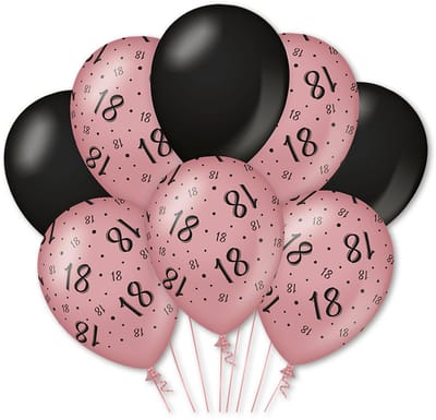 Q2P - 18 Jaar Ballon - Verjaardag Versiering - Rosegoud & Zwart - Helium Ballonnen - Feest Decoratie - 8 Stuks