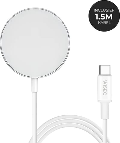 Draadloze Oplader Geschikt Voor MagSafe iPhone - Draadloze Oplaadkabel 1.5 meter - geschikt voor iPhone 17 / iPhone 16 / iPhone 15 / iPhone 14 - Wit - WiseQ