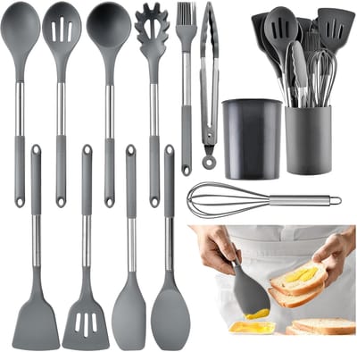 OKWISH Keukengerei-Sets – 12-Delig Siliconen Keukengerei Met Zachte En Krasvrije Keukenhulpen – Geschikt Voor Non-Stick Pannen, RVS + Siliconen – Grijs