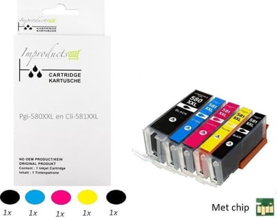 Improducts® Inkt cartridge voor Canon PGI-580 XXL / CLI-581 XXL, Canon 580xl/581xl, multipack van 5 kleuren alleen geschikt voor Printers: TS705 TR7550 TR8550 TS6150 TS6151 TS6250 TS6251 TS6350 TS8150 TS8151 TS8152 TS8250 TS8251 TS8252 TS8350