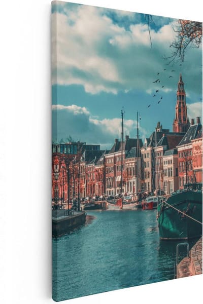 Artaza Canvas Schilderij Stad - 20x30 cm - Klein - Wanddecoratie Groningen - Muurdecoratie Boot - Kamer Accessoires