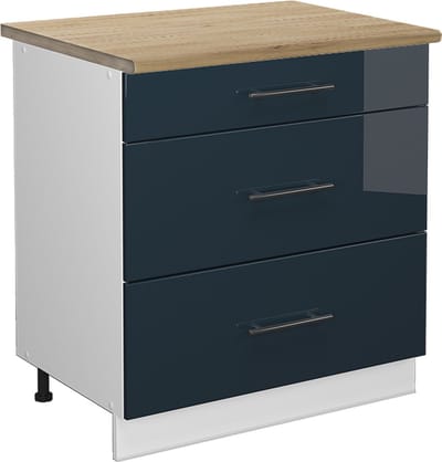 Vicco Fame-Line Keukenkasten – 80 cm met 3 laden, WB Eik Donkerblauw hoogglans