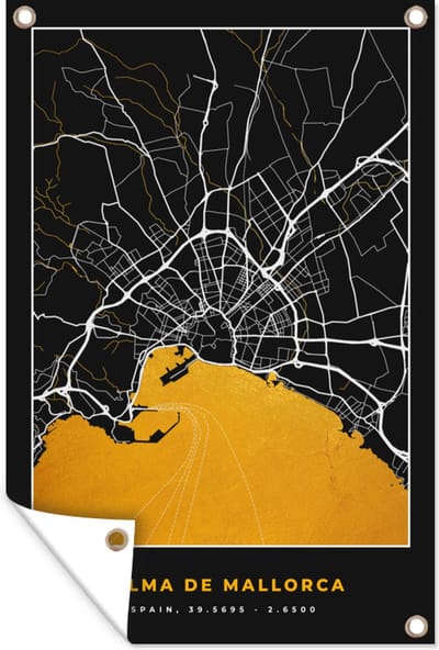 Muurdecoratie Mallorca - Stadskaart - Goud - Plattegrond - Kaart - 120x180 cm - Tuinposter - Tuindoek