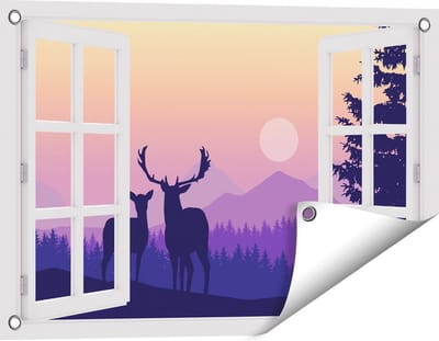 Gards Tuinposter Doorkijk Twee Herten - Zonsondergang - Silhouet - 60x40 cm - Tuindoek - Tuindecoratie - Wanddecoratie buiten - Tuinschilderij