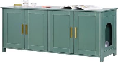 Emvae Kattenbak kast - Verborgen Kattenbakmeubel - Kattenbakbehuizing -Kattenbakmeubel met 4 Deuren - 120 x 45 x 50 cm - Groen Goud