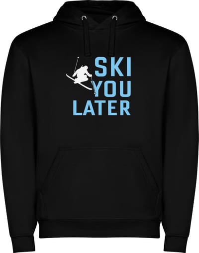 Zwarte unisex hoodie met “ Kleurrijke Ski you later – Wintersport – Sneeuw “ Print Full Color merk Roly maat XL
