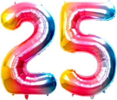 Folie Ballon Cijfer 25 Jaar Regenboog 86Cm Verjaardag Folieballon Met Rietje