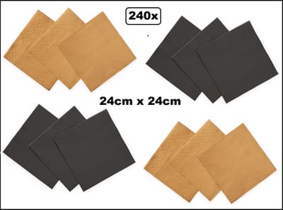 240x Servetten zwart en goud 24cm x 24cm - 3 laags - Cocktail servet diner eten knoeien restaurant BBQ thema feest verjaardag feest WK