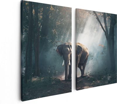 Artaza Canvas Schilderij Tweeluik Olifant In Het Bos Met Zonneschijn - 80x60 - Foto Op Canvas - Canvas Print