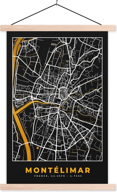 Posterhanger incl. Poster 40x60 cm - Schoolplaat - Kaart - Frankrijk - Stadskaart - Plattegrond - Montélimar - Textielposter - Blanke latten - Stadskaart