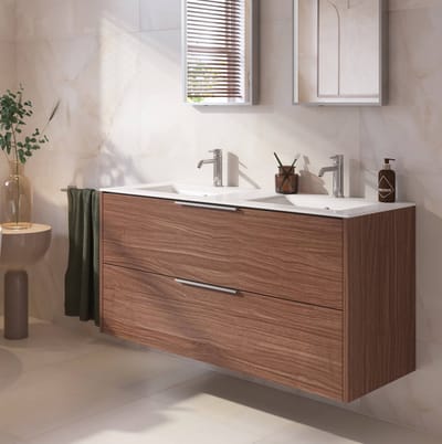 Saqu Lima badmeubel incl. dubbele glans witte keramische wastafel 120x51x61cm noten urban – chromen greep