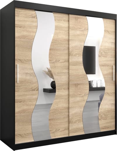 InspireMe - Kledingkast met 2 schuifdeuren, Modern-stijl, Een kledingkast met planken en een spiegel (BxHxD): 180x200x62 - REESE 180 Zwart Mat + Sonoma Eik