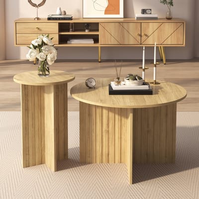 HAUSS SPOLE Salontafels - Koffietafel Rond 2-Delig Set Scandinavisch Design - 76x76x50 & 40x40x56,5 cm - Spaanplaat - Naturel