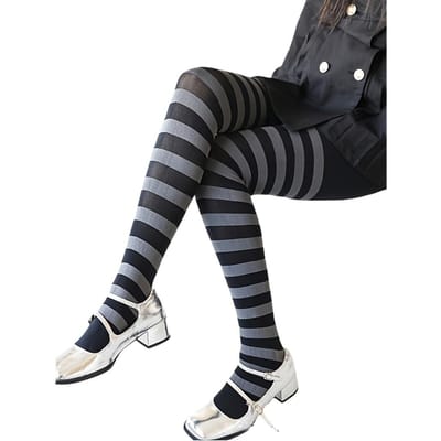 Collants Opaces à Rayures Larges Horizontales Colorées 50D Nylon pour Femmes, Adultes, Halloween, Cosplay et Usage Quotidien One Size black