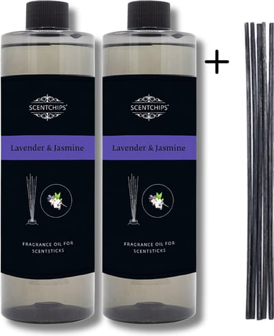 Navulling Lavendel Jasmijn - Geurstokjes Navulling Set van 2 + 5 Geurstokjes - Geurverspreider - Luchtverfrisser - Huisparfum - 400ml x 2