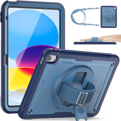 Beschermende hoes voor iPad A16 11e/10e generatie 11/10.9 inch met schermbeschermer, 360 graden draaibare standaard en schouderriem, navy blauw