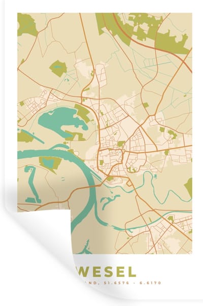 Muurstickers - Sticker Folie - Wesel - Plattegrond - Kaart - Stadskaart - Vintage - 20x30 cm - Plakfolie - Muurstickers Kinderkamer - Zelfklevend Behang - Zelfklevend behangpapier - Stickerfolie