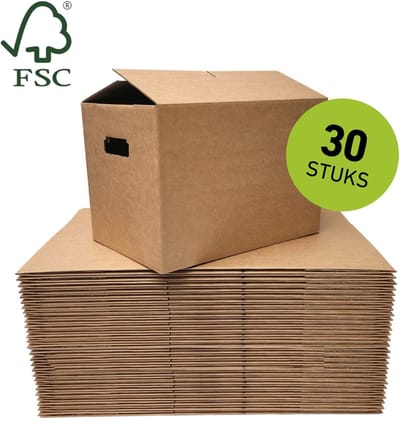 Stevige verhuisdozen - 30 stuks - handige Autolock bodem - FSC keurmerk - standaard formaat verhuisdoos - 51 Liter - verstevigde handvatten