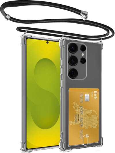 Hoesje Geschikt voor Samsung S25 Ultra Telefoonhoesje Met Koord Case Pashouder Siliconen - Hoes Geschikt voor Samsung Galaxy S25 Ultra Hoesje Met Kaarthouder - Transparant
