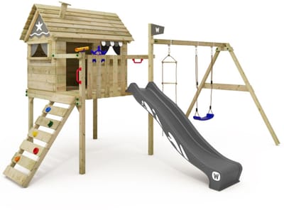 Wickey Smart Travel Speeltoestel - Schommel en Touwladder met Glijbaan - Speelhuis met Houten Dak - 473x377x268 cm - Grijs