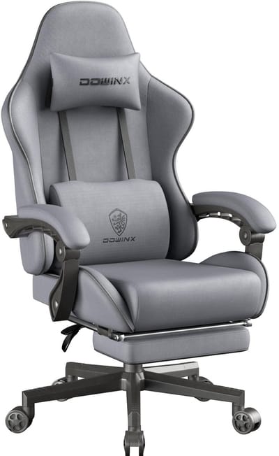Dowinx Verstelbare Ergonomische Gamestoel met Voetsteun - Bureaustoel met Pocketvering - Gaming Chair van Stof - Hoofdsteun - 150 kg - Gebreide stof grijs