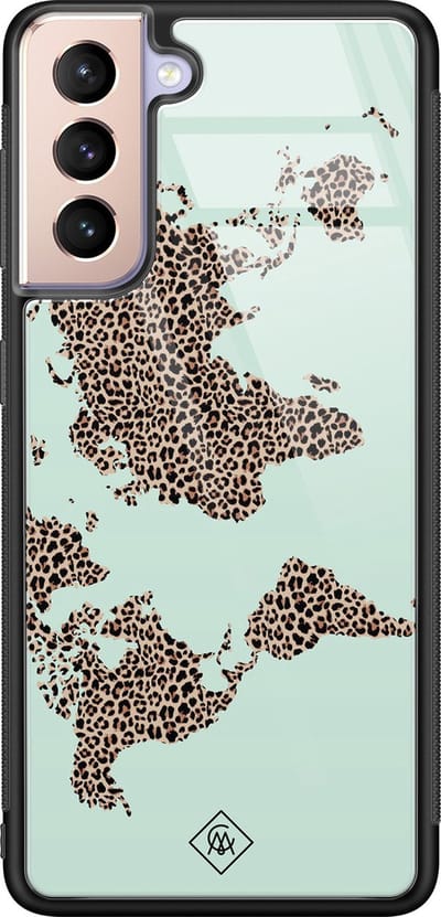 Casimoda® hoesje - Geschikt voor Samsung Galaxy S21 - Wereldkaart blauw luipaard - Luxe Hard Case Zwart - Backcover telefoonhoesje - Blauw