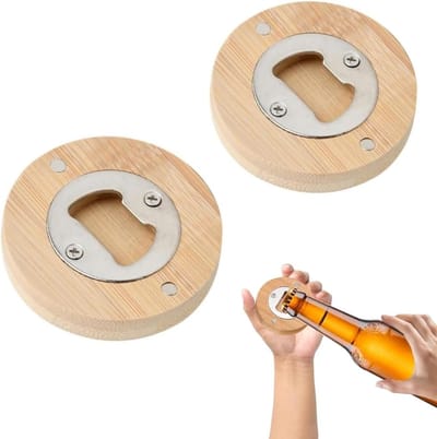 Flesopener hout, 2 stuks, bieropener van roestvrij staal, bamboe, koelkastmagneten, magnetische flesopener, adsorberbaar, leuk cadeau voor mannen
