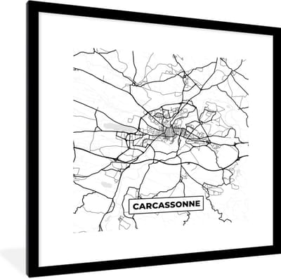 Fotolijst incl. Poster Zwart Wit- Frankrijk - Kaart - Plattegrond - Carcassonne - Stadskaart - Zwart wit - 40x40 cm - Posterlijst