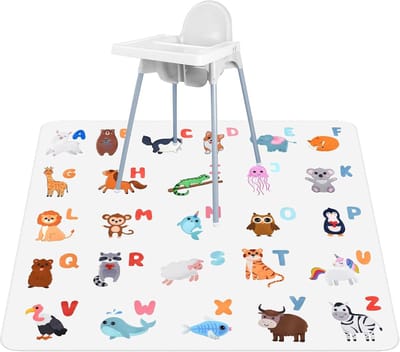 Spatmat onder de kinderstoel, 53" spatmat waterdicht, kinderstoel vloermat, wasbare waterdichte antislip spatbeschermingsmat, vloerbeschermingsmat voor baby - dierenalfabet