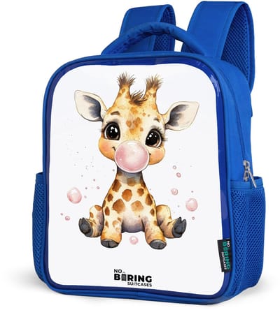 NoBoringSuitcases.com® - Rugzak blauw - Schooltas jongens - Giraffe met roze kauwgombal - Kinder rugtas jongen - Boekentas kind - Kinderrugzak voor school - Schoolrugzak