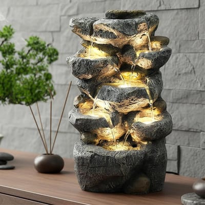 TIM® Waterornamenten Voor Buiten – Waterval – Waterfontein Met Verlichting - Water Fontein Tuin – Tuindecoratie Voor Binnen En Buiten - Vogelbad - Veelkleurig - 24cm x 31cm x 49cm